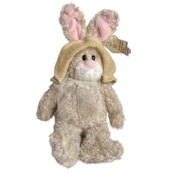 Vintage 90s Tan “Hares in Hats” Rabbit Stuffed Animal Toy Plush Spring Easter - Picture 4 of 5